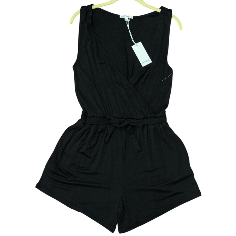 NWT Antistar Womens Romper Size M Black Sleeveless Elastic Waist Tie Detail